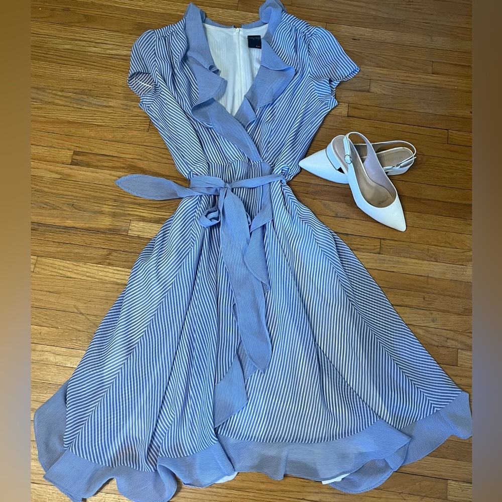 Gabby Skye blue striped dress with ruffle accents